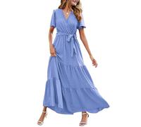 MASCOMODA Robe longue bohème à pois suisses avec col en V et manches courtes et ceinture à nouer pour femme, S-bleu clair, Taille M