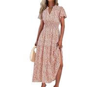 MASCOMODA Robe longue d'été pour femme 2025 décontractée avec col en V et manches courtes bouffantes et smockées - Robe de plage bohème longue à motif floral, F-orange., Taille M