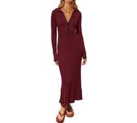 MASCOMODA Robe pull d'automne à manches longues et col en V pour femme, robe décontractée à revers boutonné, coupe ajustée, en tricot côtelé, rouge vin, Taille M