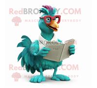 Mascotte Redbrokoly De Coq Turquoise Personnage Costumé Habillé D'un Bermuda Et De Lunettes De Lecture Multicolore