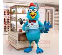 Mascotte Redbrokoly De Coq Turquoise Personnage Costumé Habillé D'un Bermuda Et De Lunettes De Lecture Multicolore