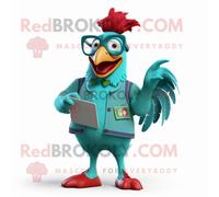 Mascotte Redbrokoly De Coq Turquoise Personnage Costumé Habillé D'un Bermuda Et De Lunettes De Lecture Multicolore
