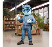Mascotte Redbrokoly De Personnage Bleu Commando Habillé D'un Jean Boyfriend Et De Lunettes De Lecture Multicolore