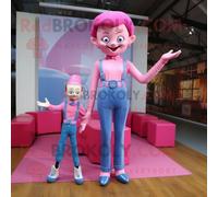 Mascotte Redbrokoly De Personnage D'acrobate Rose Habillé D'un Jean Mom Et De Noeuds Papillon Multicolore