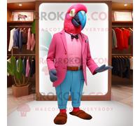Mascotte Redbrokoly De Personnage D'ara Rose Habillé D'un Bermuda Et De Pochettes De Costume Multicolore