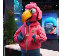 Mascotte Redbrokoly De Personnage D'ara Rose Habillé D'un Sweat-Shirt Et De Bretelles Multicolore