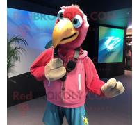 Mascotte Redbrokoly De Personnage D'ara Rose Habillé D'un Sweat-Shirt Et De Bretelles Multicolore