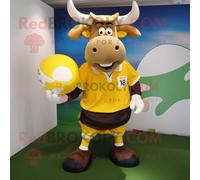 Mascotte Redbrokoly De Personnage De Boeuf Jaune Stroganoff Habillé D'un Maillot De Rugby Et De Pochettes Multicolore