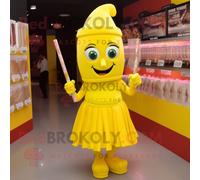 Mascotte Redbrokoly De Personnage De Bonbon Jaune Habillé D'une Jupe Crayon Et De Bandeaux Multicolore