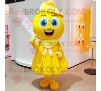 Mascotte Redbrokoly De Personnage De Bonbon Jaune Habillé D'une Jupe Crayon Et De Bandeaux Multicolore