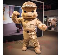 Mascotte Redbrokoly De Personnage De Commando Beige Habillé D'un Jogging Et De Bonnets Multicolore