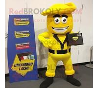 Mascotte Redbrokoly De Personnage De Commando Jaune Habillé D'un Blazer Et De Portefeuilles Multicolore