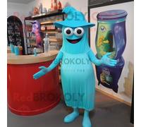 Mascotte Redbrokoly De Personnage De Cyclope Turquoise Habillé D'une Robe De Cocktail Et De Bonnets Multicolore