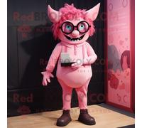 Mascotte Redbrokoly De Personnage De Démon Rose Habillé D'une Barboteuse Et De Lunettes Multicolore