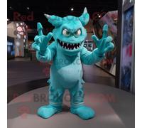 Mascotte Redbrokoly De Personnage De Démon Turquoise Habillé D'un Sweat Et De Gants Multicolore