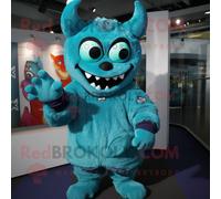 Mascotte Redbrokoly De Personnage De Démon Turquoise Habillé D'un Sweat Et De Gants Multicolore