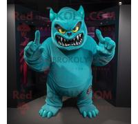 Mascotte Redbrokoly De Personnage De Démon Turquoise Habillé D'un Sweat Et De Gants Multicolore