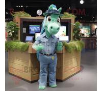 Mascotte Redbrokoly De Personnage De Jument Verte Habillée D'une Chemise En Jean Et De Boucles D'oreilles Multicolore