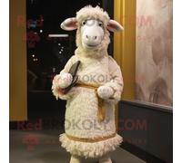 Mascotte Redbrokoly De Personnage De Mouton Beige Habillé D'une Robe Fourreau Et De Bandeaux Multicolore