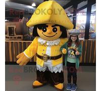 Mascotte Redbrokoly De Personnage De Pirate Jaune Habillé D'un Jean Mom Et D'un Bonnet Multicolore
