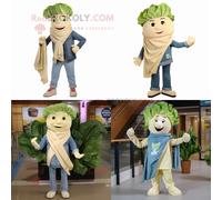 Mascotte Redbrokoly De Personnage De Salade César Beige Habillé D'une Chemise En Jean Et D'écharpes Multicolore
