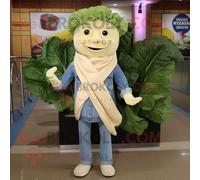 Mascotte Redbrokoly De Personnage De Salade César Beige Habillé D'une Chemise En Jean Et D'écharpes Multicolore