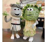 Mascotte Redbrokoly De Personnage De Salade César Grise Habillée D'une Robe Midi Et De Cravates Multicolore