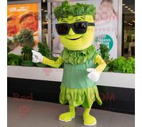 Mascotte Redbrokoly De Personnage De Salade César Verte Habillée D'une Robe Taille Empire Et De Lunettes De Soleil Multicolore