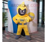 Mascotte Redbrokoly De Personnage De Super-Héros Jaune Habillé D'un Jean Flare Et De Pochettes Multicolore