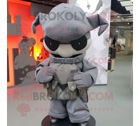 Mascotte Redbrokoly De Personnage Gris Commando Habillé D'un Sweat À Capuche Et De Noeuds Papillon Multicolore