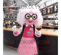 Mascotte Redbrokoly De Personnage Guinness Rose Habillé D'un Chemisier Et De Lunettes De Lecture Multicolore