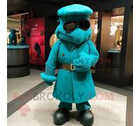 Mascotte Redbrokoly De Personnage Turquoise Commando Habillé D'un Manteau Et De Boutons De Manchette Multicolore