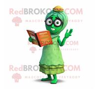 Mascotte Redbrokoly De Personnage Vert Tikka Masala Habillé D'une Robe Et De Lunettes De Lecture Multicolore