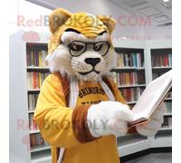 Mascotte Redbrokoly De Tigre À Dents De Sabre D'or Habillée D'une Dissimulation Et De Lunettes De Lecture Multicolore