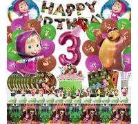 Masha Set de Vaisselle 101 Pièces pour Anniversaire et Fête - Ballons, Décoration pour Filles de 3 Ans