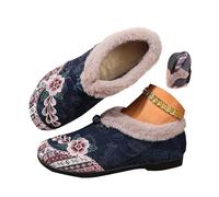 MASHANGGOU Bottes d'hiver à semelle douce et antidérapantes en coton chaud pour femme, motif floral brodé, bottes d'hiver chaudes doublées en peluche pour l'intérieur et l'extérieur, bleu, 35 EU
