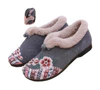 MASHANGGOU Bottes d'hiver à semelle douce et antidérapantes en coton chaud pour femme, motif floral brodé, bottes d'hiver chaudes doublées en peluche pour l'intérieur et l'extérieur, gris, 36 EU