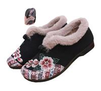 MASHANGGOU Bottes d'hiver à semelle douce et antidérapantes en coton chaud pour femme, motif floral brodé, bottes d'hiver chaudes doublées en peluche pour l'intérieur et l'extérieur, Noir , 37 EU