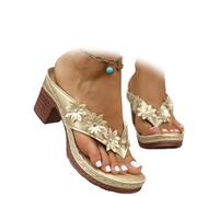 MASHANGGOU Sandales à talons épais d'été de couleur unie pour femme, sandales décontractées à talons mi-hauts tongs à enfiler à bout ouvert et à bout carré confortable, Fleurs dorées, 41 EU