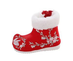 Mashaouyo Chaussures pour enfants Filles Bottines Style Chinois Applications Brodées Bottes Chaudes Hiver Peluche Hiver Coton Chaussons Hiver Chaussures d'hiver Mignon, rouge, 33 EU