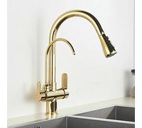 MASINIES Robinet De Cuisine 3 Voies Avec Douchette Extractible Mitigeur Sortie Eau Filtrée, Évier 2 Fonctions, Rotatif À 360° Double Levier Laiton Robinetterie Cuisine, Doré