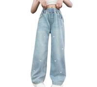 Maskjuwio Big Girls Jean à jambes larges en denim brodée en forme de cœur vintage Coupe ample Décontracté Jambes droites avec poches pour bébé fille