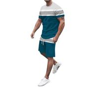 Maskjuwio Ensemble t-shirt et short pour homme, 2 pièces, survêtement, de sport, rayé, à manches courtes, avec cordon de serrage et poche, respirant, tailles S à 5XL, bleu, M