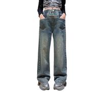 Maskjuwio Jean ample pour filles printemps été et automne nouveaux modèles pour enfants moyens et grands pantalons droits rétro large jambe droite pantalon tendance ample décontracté denim pantalon de