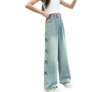 Maskjuwio Jean d'été pour fille - Couleur claire - Ample - Bow Narrow - Pantalon droit - Taille moyenne et grande - Pantalon large - Pantalon court pour adolescentes et filles, bleu, 12-13 Jahr
