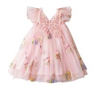 Maskjuwio Robe pour bébé fille - Vêtement pour bébé - Ailes de papillon - Robe en dentelle décontractée à manches courtes - Chaîne de pantalon E Girl, Rose, 6-12 mois