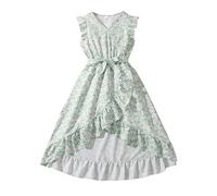 Maskjuwio Robe pour fille - Printemps et col en V - Taille longue - Avec volants - Élégante et confortable - Histoires de l'Avent amusantes, vert, 8-9 ans
