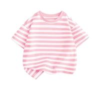 Maskjuwio T-shirt à manches courtes, col montant, rayé, décontracté, pour sortir, pour fille ou fille, noir, Rose, 7-8 ans