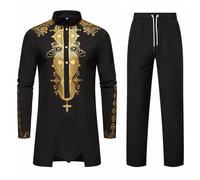 Maskjuwio Tenue africaine pour homme Middle East Thobe avec pantalon Ensemble africain 2 pièces Dashiki et pantalon Coupe normale Robe Dubaï Arab Caftan Vêtements Costume traditionnel, Noir , XXL
