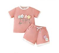 Maskjuwio Vêtements pour enfants style été col rond couleur contrastée manches courtes costume trois fleurs costume 2 pièces costume d'Halloween taille 86, Rose, 9-12 mois